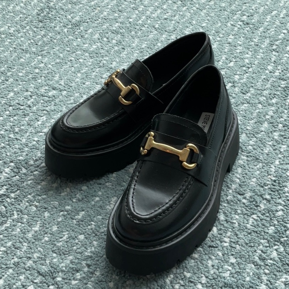 Steve Madden Black Loafers with Gold Buckle